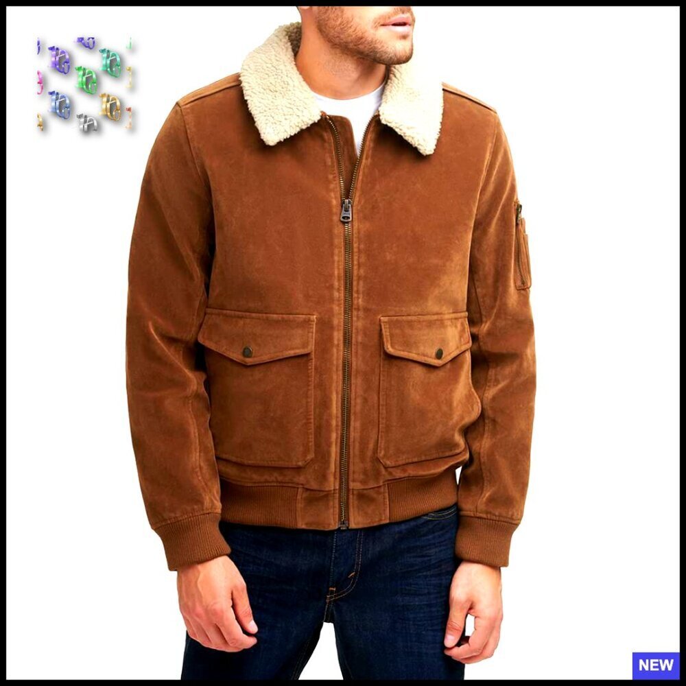 Faux Suede Aviator Bomber Jacket Retro Classic Menswear Outerwear Sherpa Collar